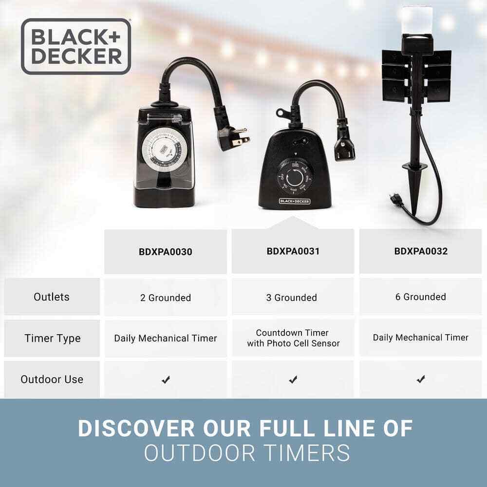BLACK+DECKER Outdoor 3 Grounded Outlets Timer w/ Waterproof Outlet and Countdown