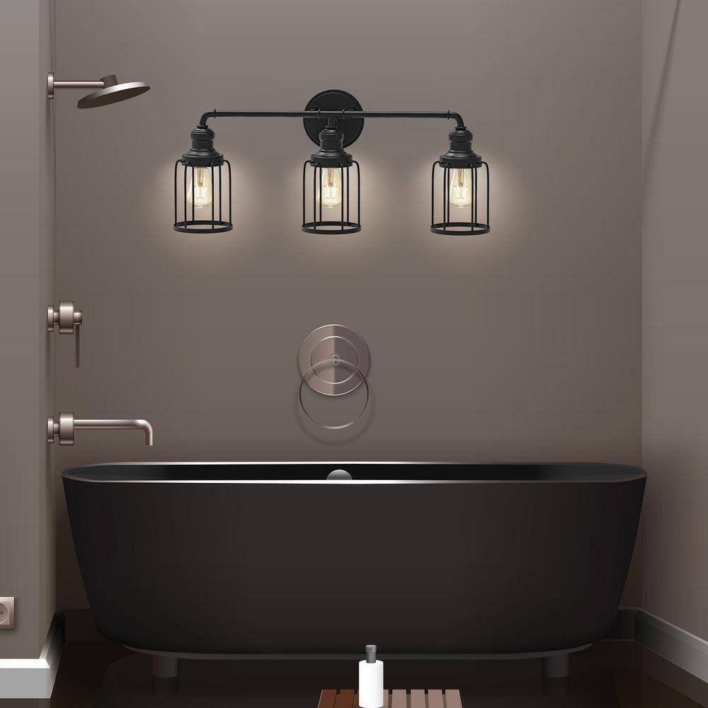 Cedar Hill 24 in. 3-Light Black Industrial Vanity with Metal Cage Wall Sconce