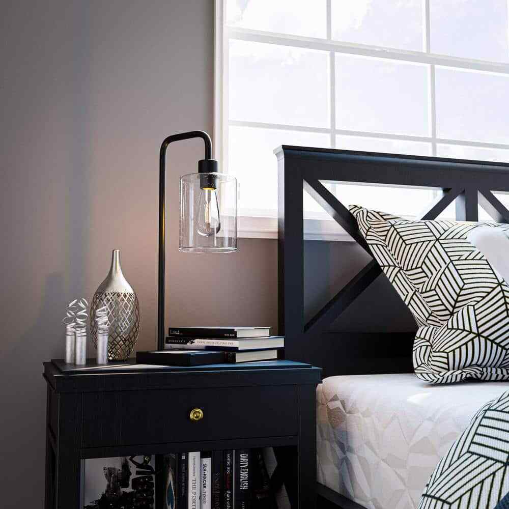 Hampton Bay Andra 22.5 in. Black Desk Lamp with Seeded Glass Shade and USB Port