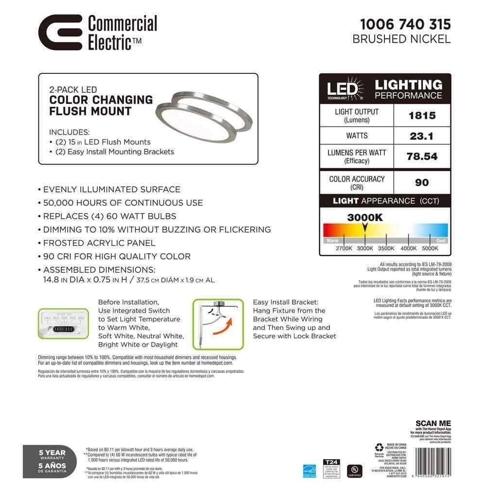 Commercial Electric 15 in. Brushed Nickel Low Profile LED Flush Mount 2-Pack