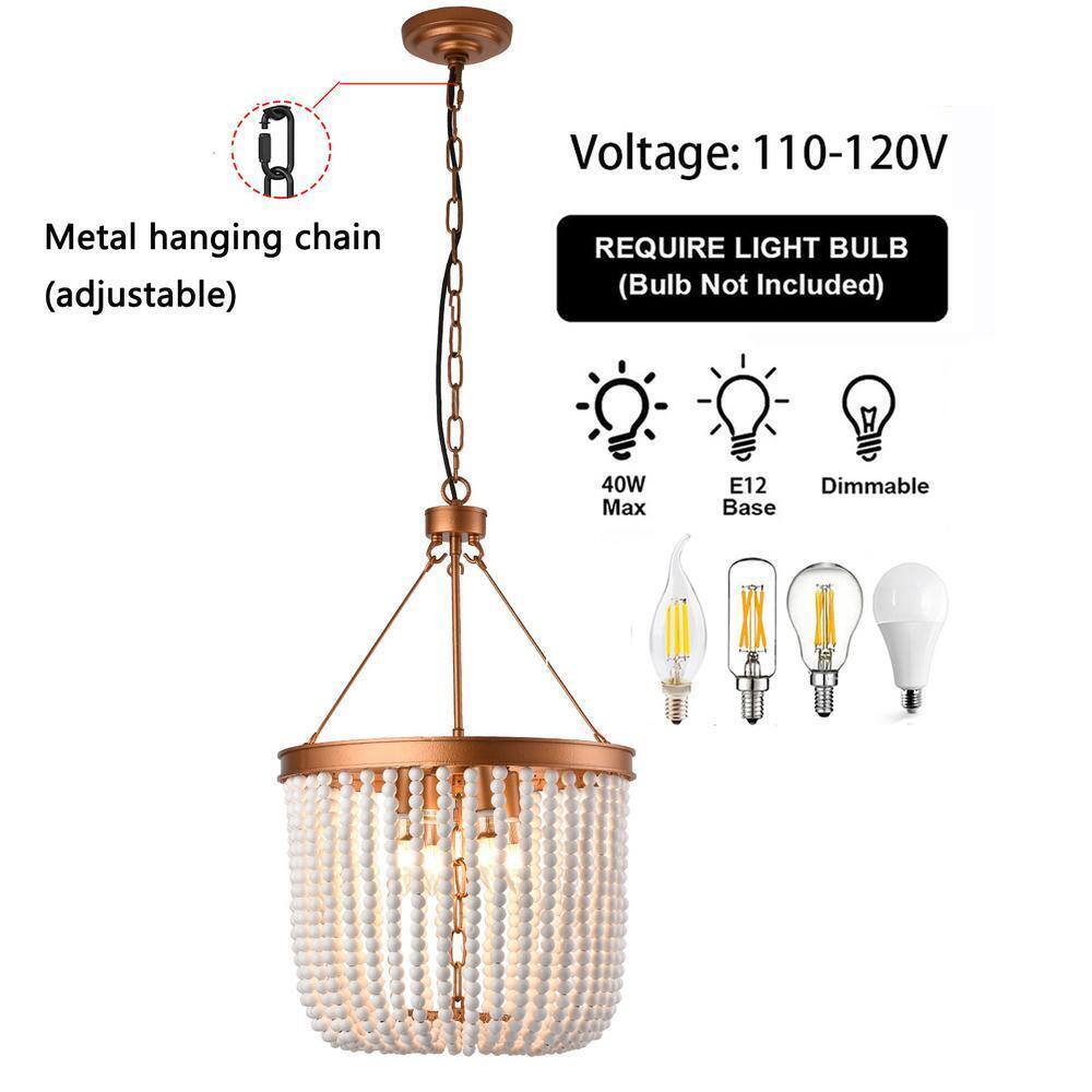 OUKANING 4-Light Gold Retro Farmhouse Beaded Pendant Light with Wood Bead Shade