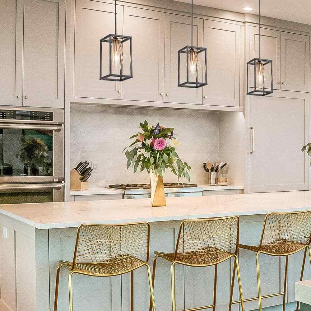 Uolfin Modern Cage Dining Room Pendant Light 1-Light Black and Brass Lantern