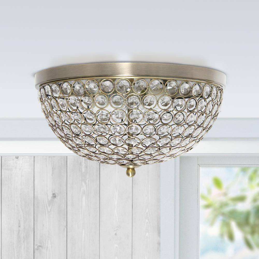 Elegant Designs Elipse 13 in. 2-Light Antique Brass and Crystal Flush Mount