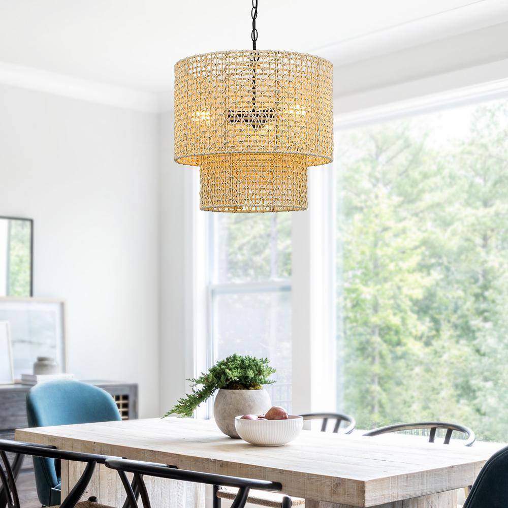 TRUE FINE Bohe 19 in. 4-Light Bohemian Pendant with Natural Rattan Shade