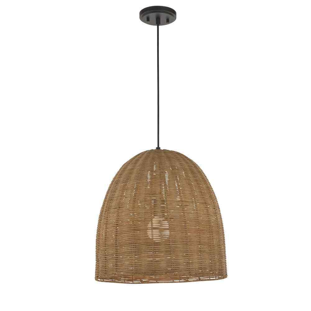 Hampton Bay Highler 1-Light Matte Black Island Pendant with Natural Rattan Shade