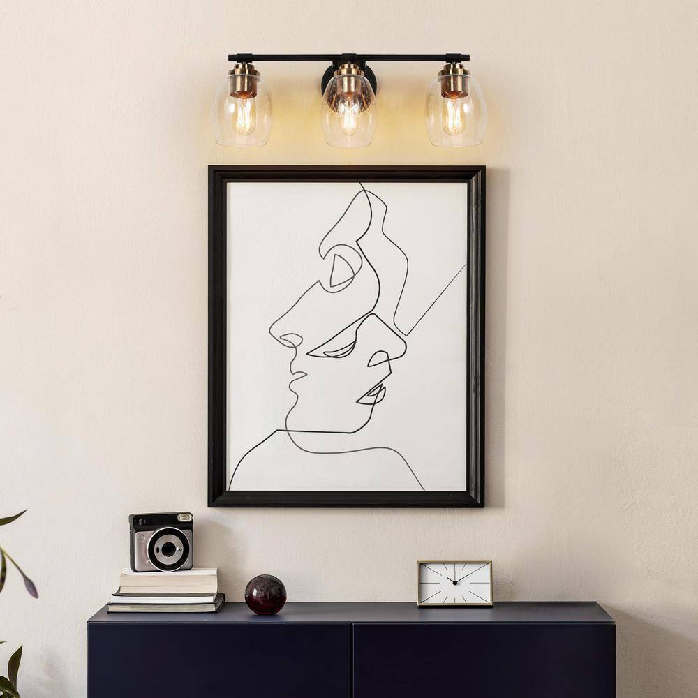 Uolfin Black Vanity Light 24.4 in. 3-Light Brass Gold Bell Vanity w/Seeded Glass