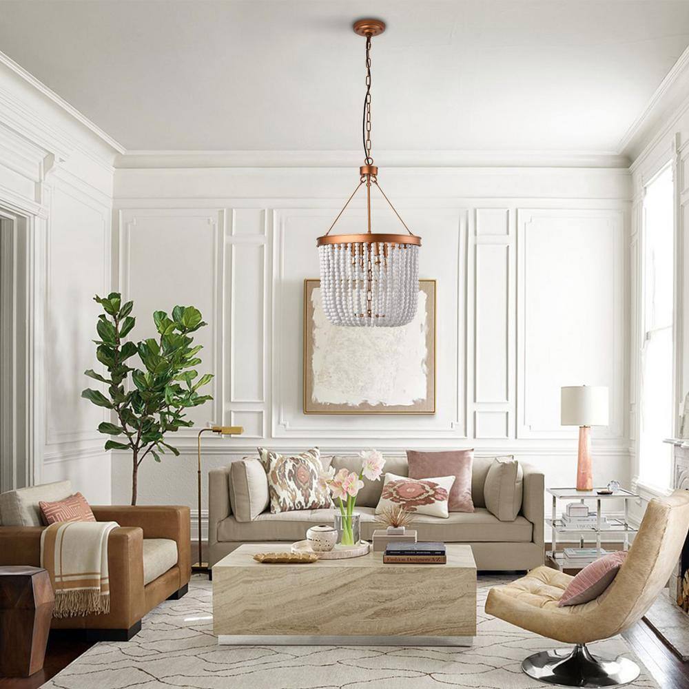 OUKANING 4-Light Gold Retro Farmhouse Beaded Pendant Light with Wood Bead Shade