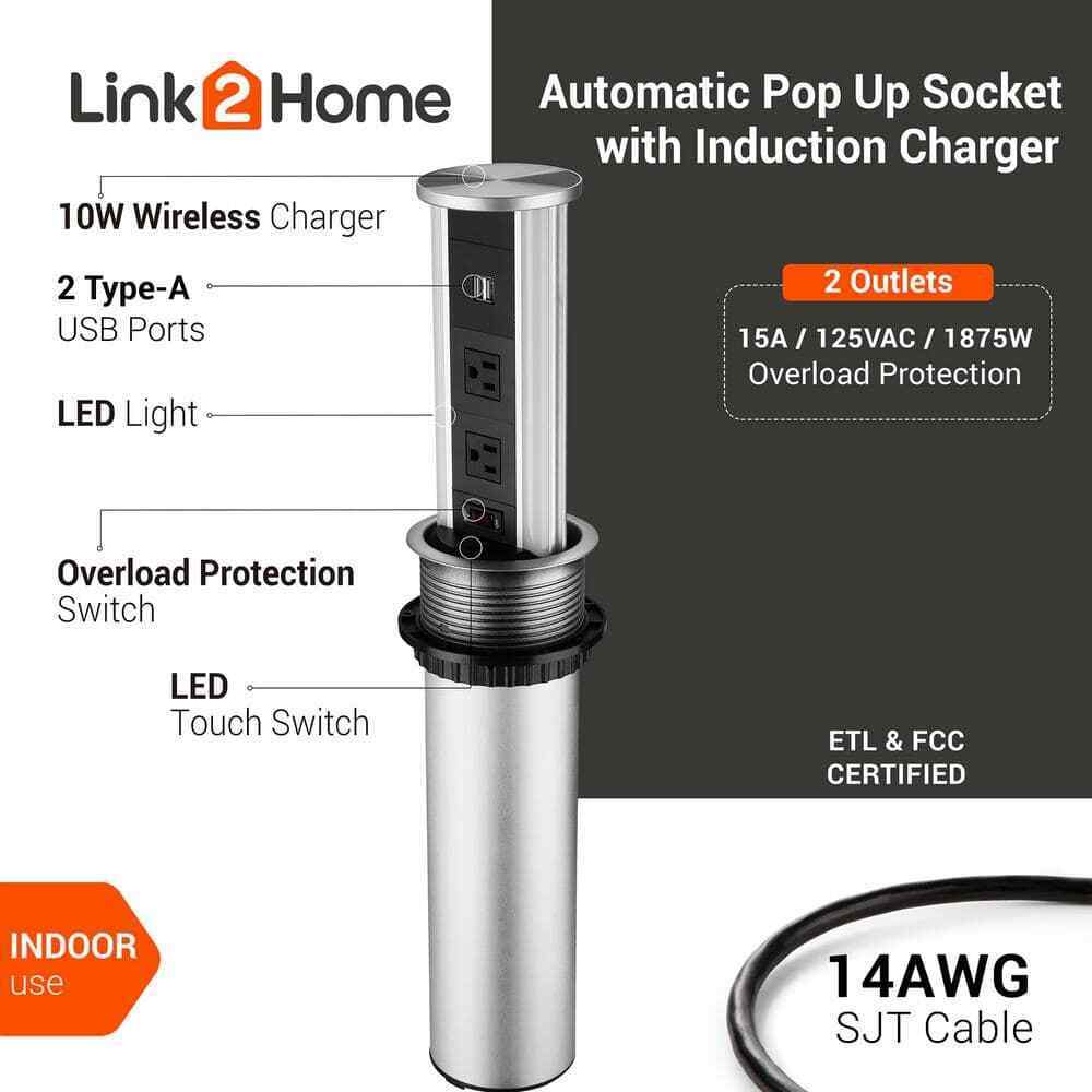 Link2Home 2-Outlets Automatic Pop Up Wireless Charger 2 USB 3.4A LED Light