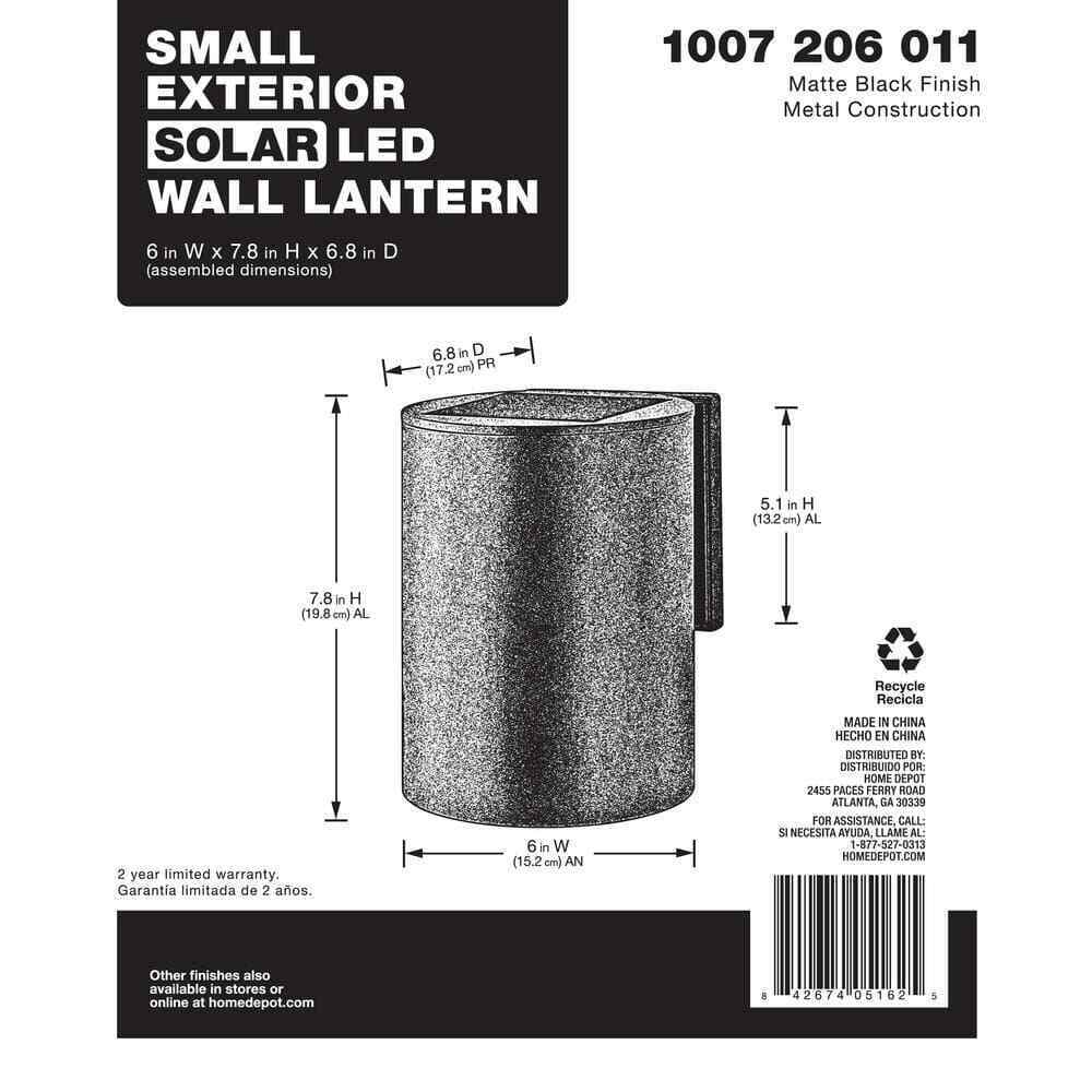 7.8 in. 1-Light Modern Black LED Outdoor Solar Wall Cylinder Light