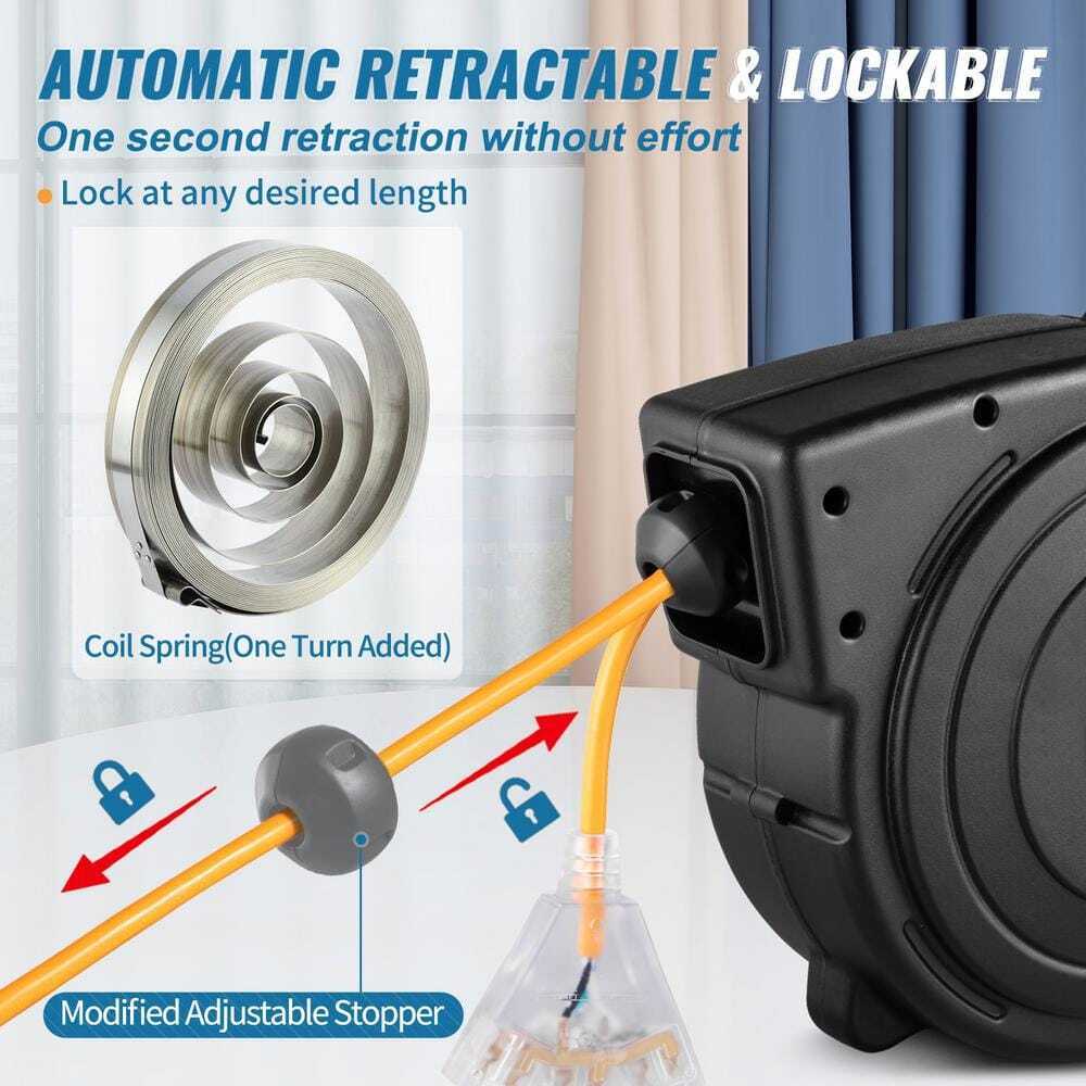 VEVOR 50 ft. 13 Amp Extension Cord Reel w/ Lighted Triple Outlet Circuit Breaker