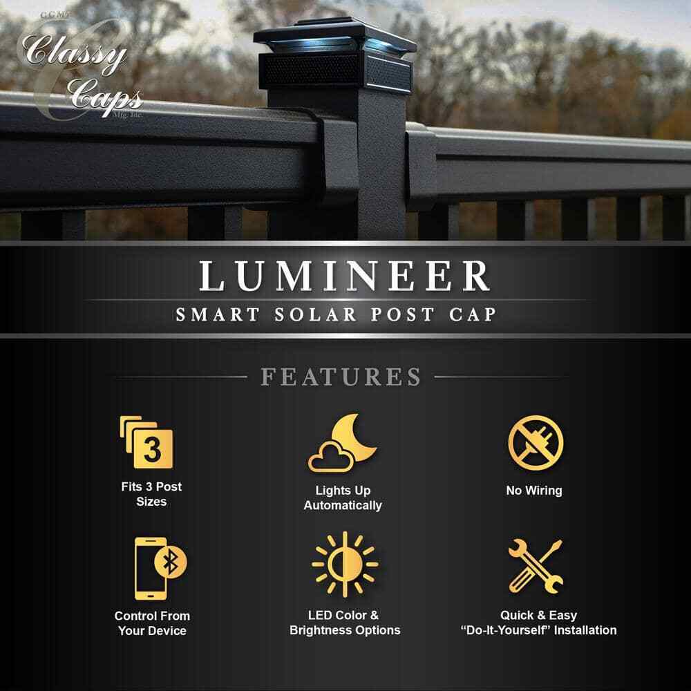 CLASSY CAPS Lumineer 4 in. x 4 in. Black Cast Aluminum Smart Solar Post Cap