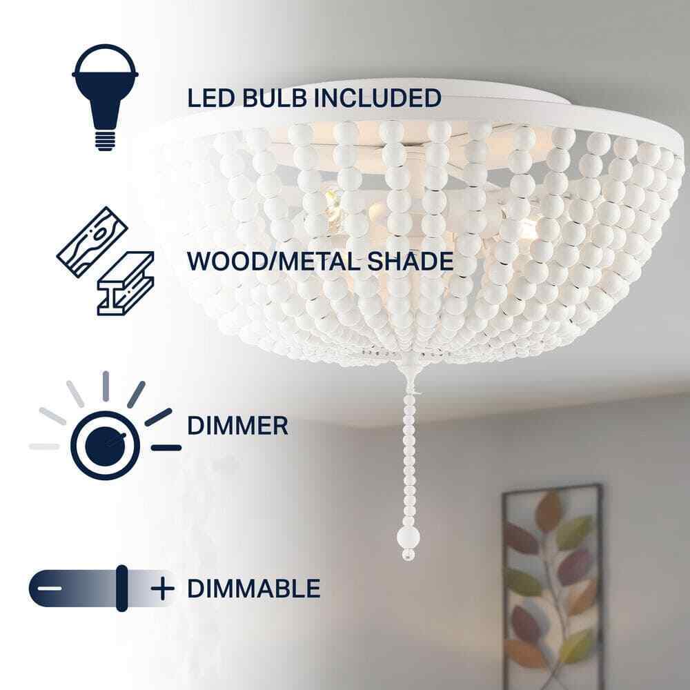 JONATHAN Y Allison 15 in. White Wood Beaded/Metal LED Flush Mount JYL9019D