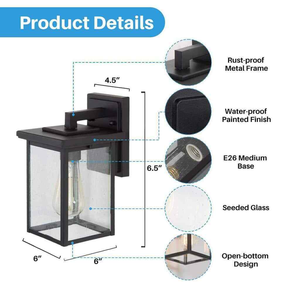 LNC Matte Black Modern Outdoor Wall Lantern Sconce with Clear Seeded Glass Shade