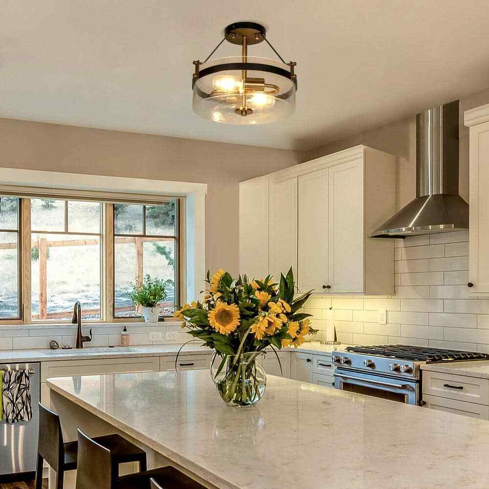 Uolfin Modern Farmhouse Black Semi-Flush Mount 12.5 in. 2-Light Ceiling Fixture