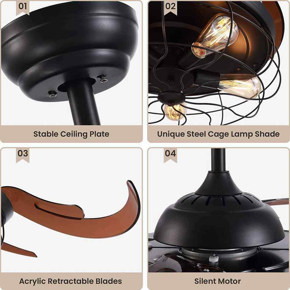 ANTOINE 36 in. Black Ceiling Fan w/ Lights + Remote Retractable Blades Fandelier