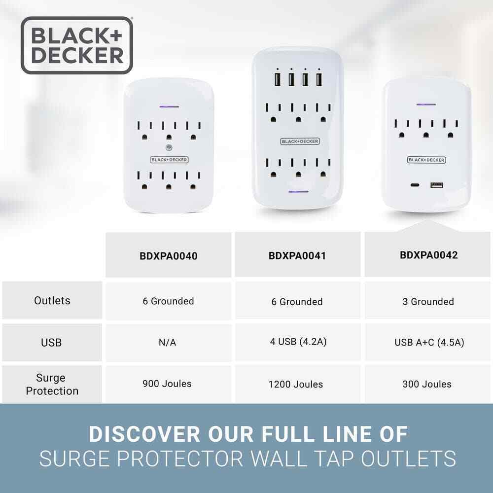 BLACK+DECKER 3 Grounded Outlets Surge Protector Wall Mount USB C Charging Port
