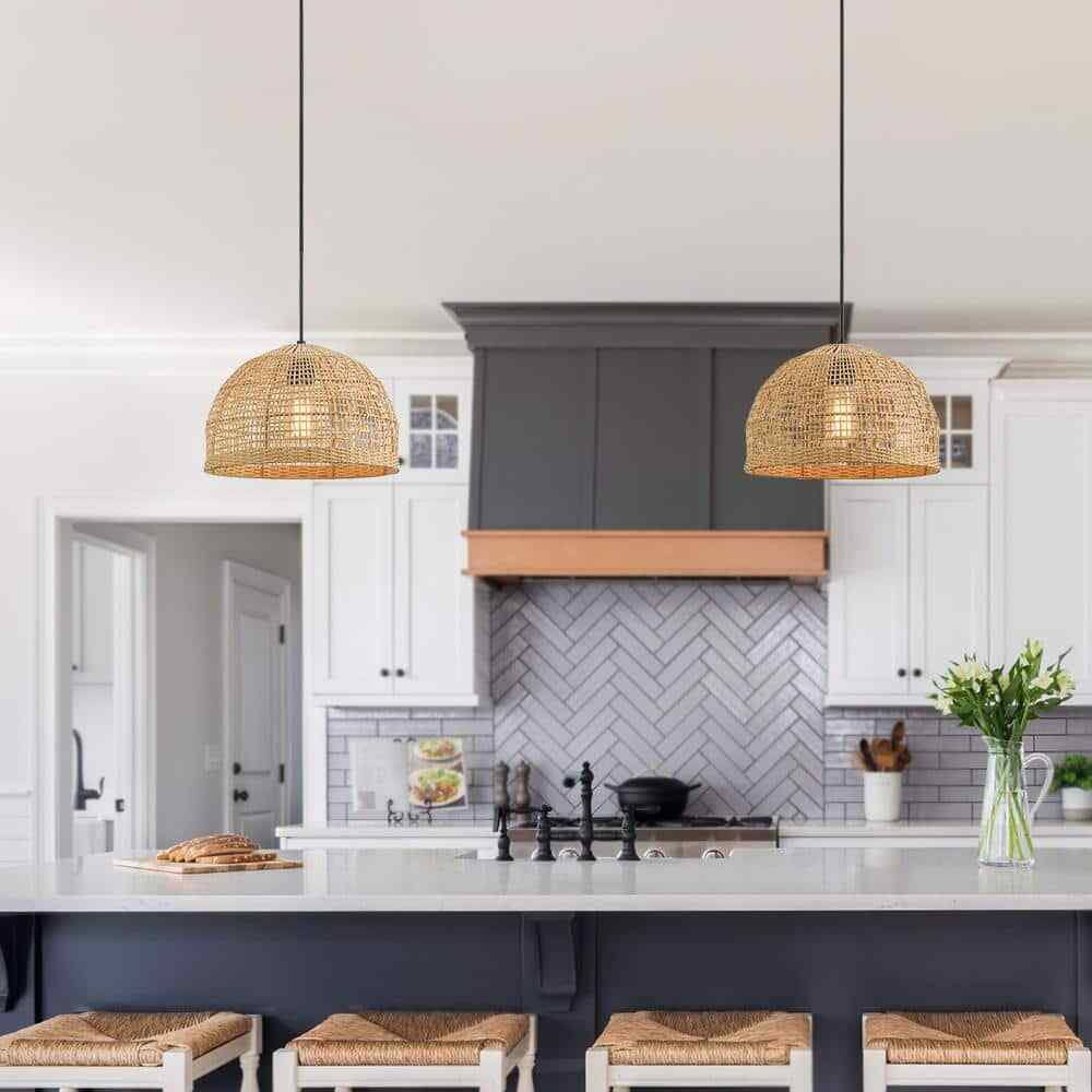 TRUE FINE Bungalo 1-Light Black/Wheat Bohemian Island Pendant w/ Rattan Shade