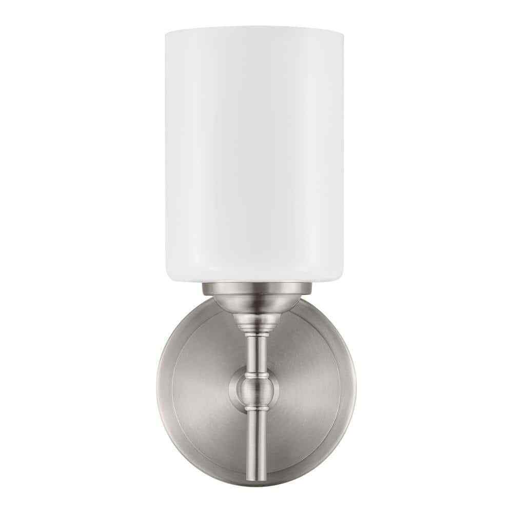 Home Decorators Ayelen 1-Light Brushed Nickel Opal White Glass Wall Sconce