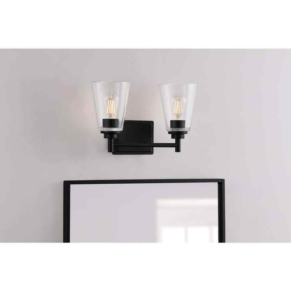 Hampton Bay 15 in. Wakefield 2-Light Matte Black Vanity Light w/ Clear Glass