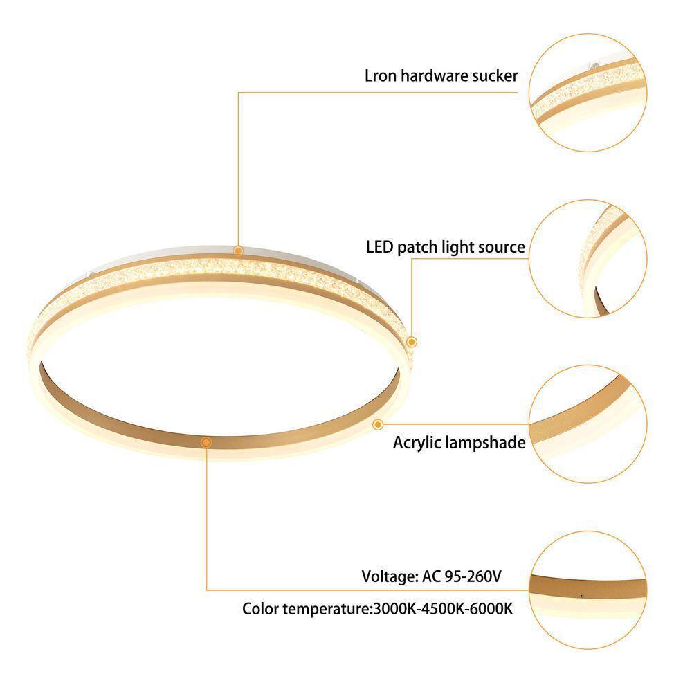 OUKANING 19.68 in. Gold Modern Round Flush Mount Dimmable LED Ceiling Light