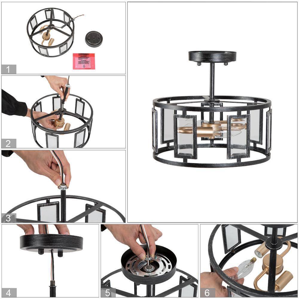Uolfin Brushed Black 12 in. 2-Light Rustic Cage Semi-Flush Mount Ceiling Light