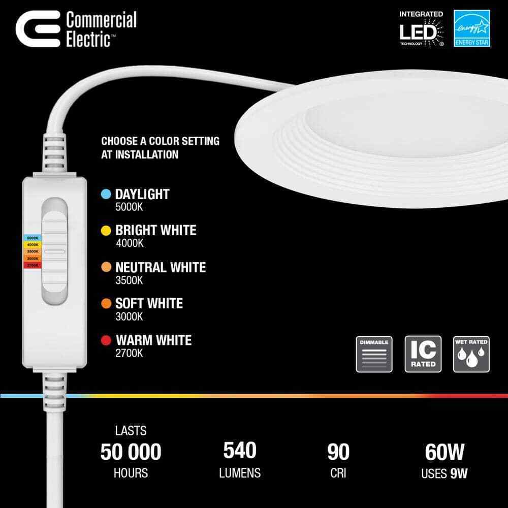 Commercial Electric Slim Baffle 4" CCT Canless IC Rated LED Recessed Light Kit