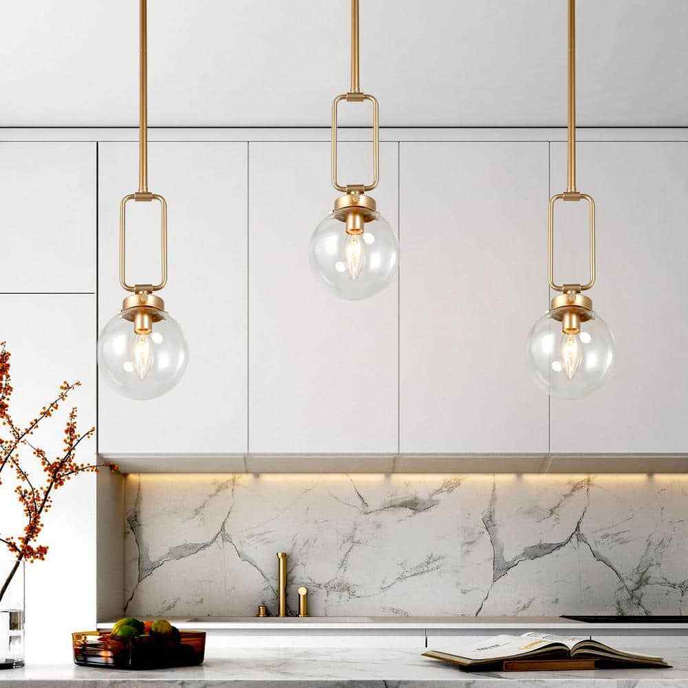 Uolfin Modern Globe Pendant Light Brass Gold Round Chandelier Clear Glass Shade