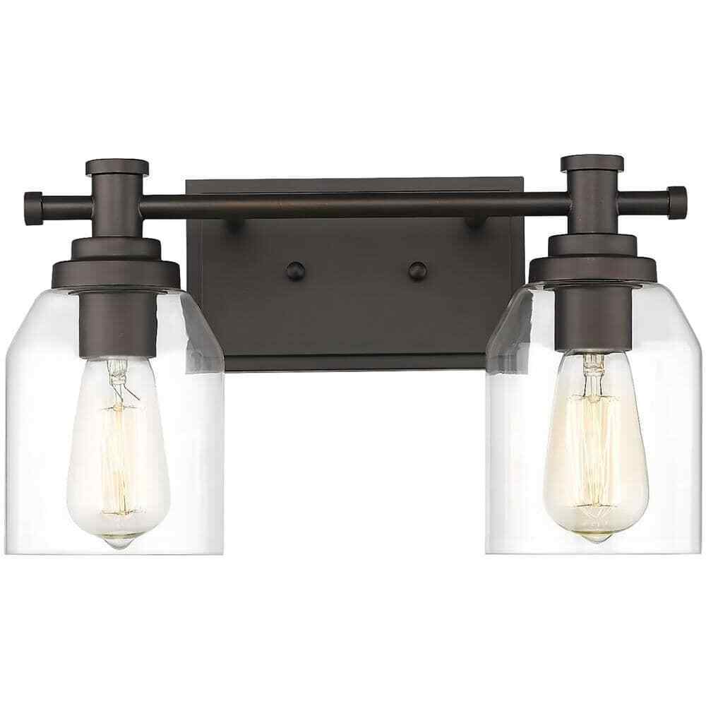 JAZAVA 15 in. 2-Light Oil Rubbed Bronze Vanity Light with Clear Glass Shade