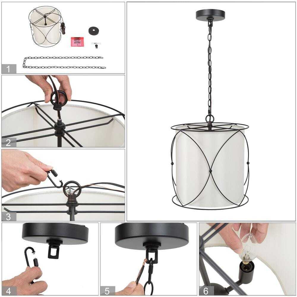 Uolfin Modern Drum Island Chandelier Pendant Cage Light w/ Fabric Shade