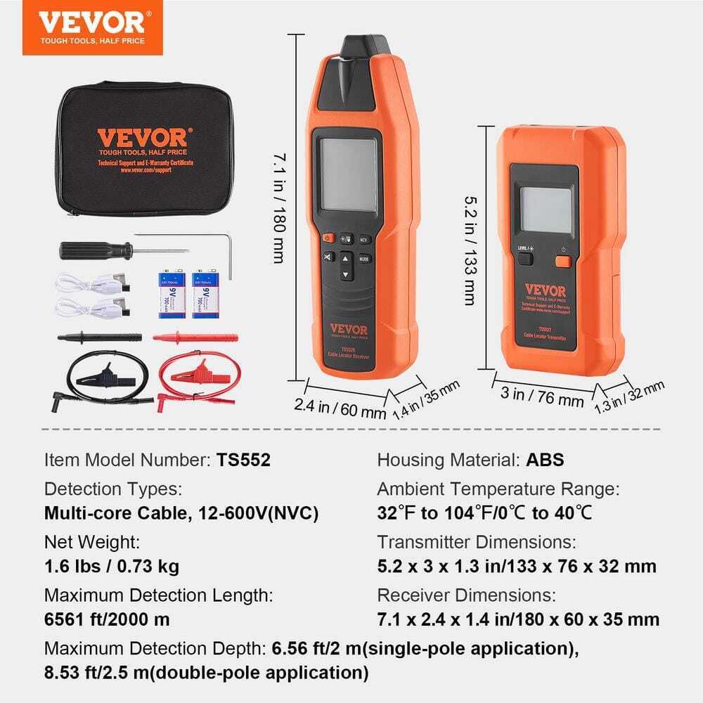 VEVOR Underground Cable Locator 12-Volt to 600-Volt Break Detector