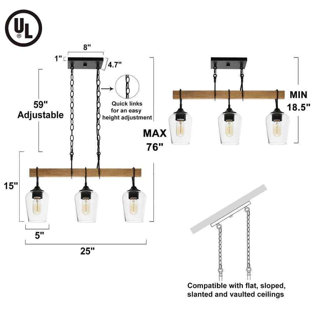 Uolfin Modern Black 25 in. 3-Light Chandelier w/ Painted Wood Accents