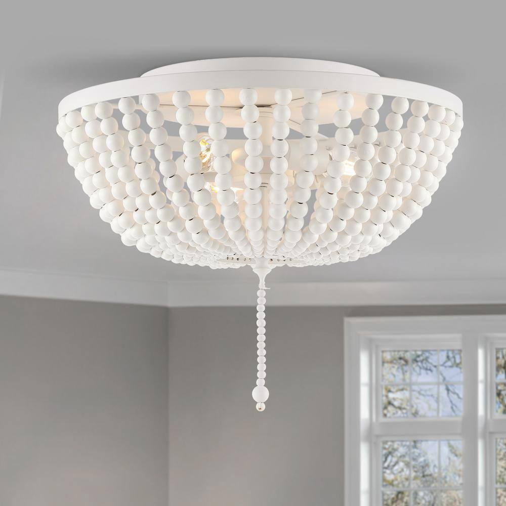 JONATHAN Y Allison 15 in. White Wood Beaded/Metal LED Flush Mount JYL9019D