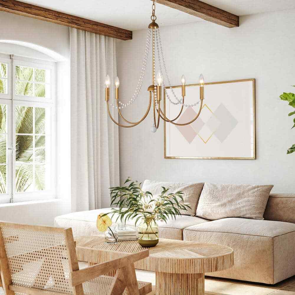 Uolfin Modern Dining Room 5-Light Brushed Gold Candlestick Chandelier