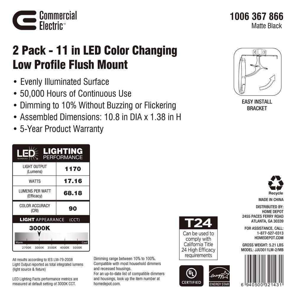 Commercial Electric Matte Black LED Flush Mount Low Profile Ceiling Light 2-Pack