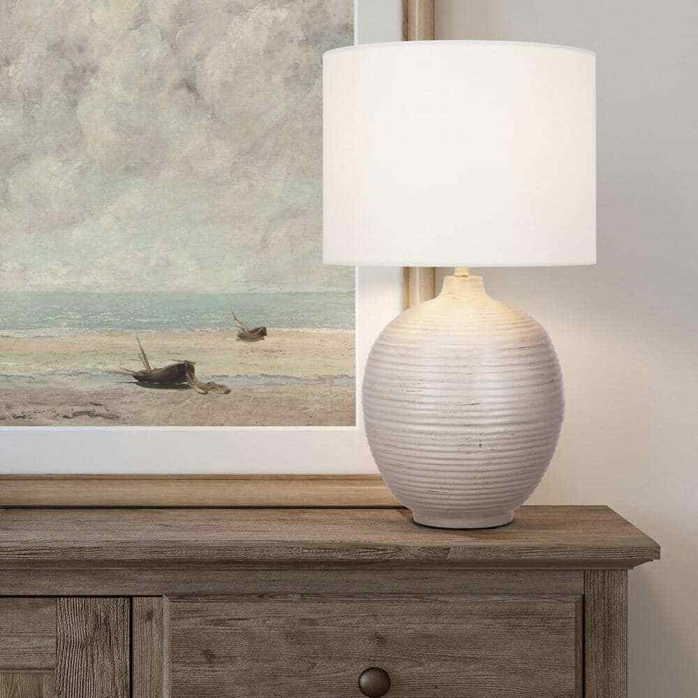 Alsy 22 in. Distressed White Ribbed Table Lamp with Off White Shade