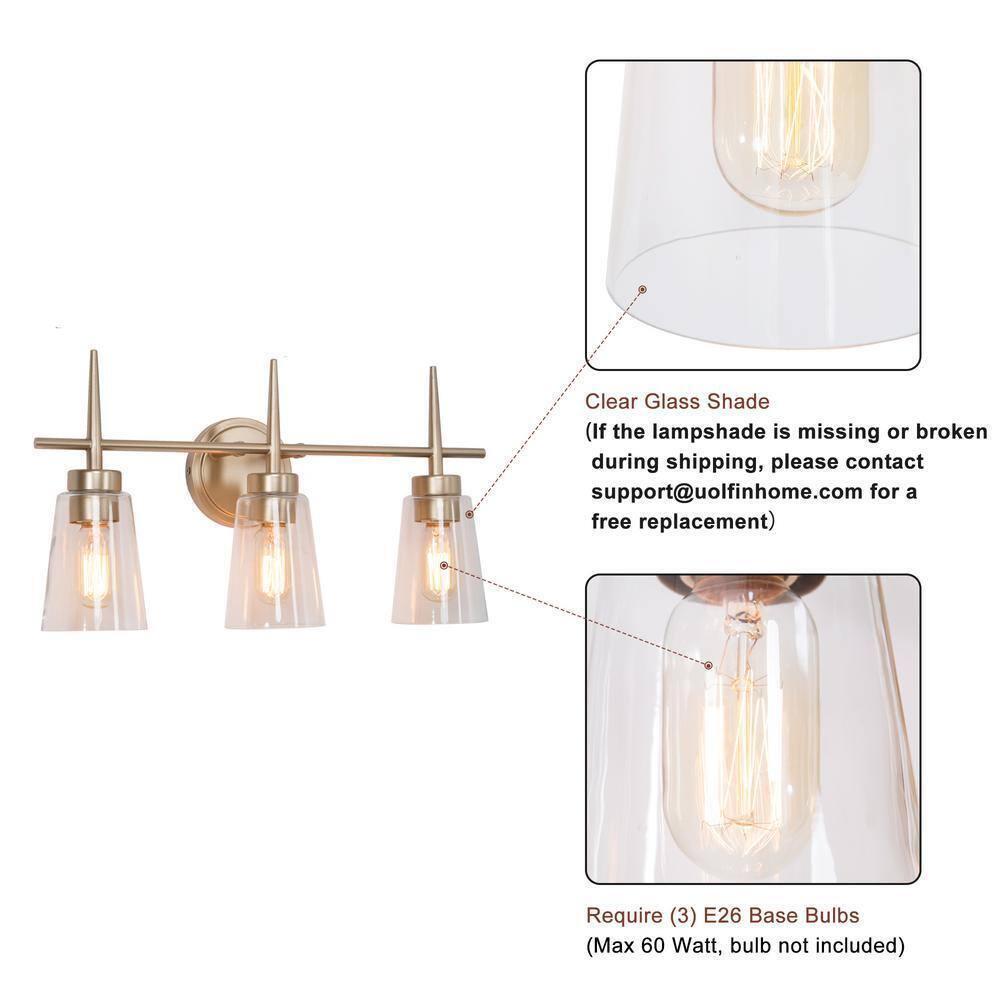 Uolfin Gold Bathroom Vanity Light Dule 3-Light Modern Bell Brass Light Bar
