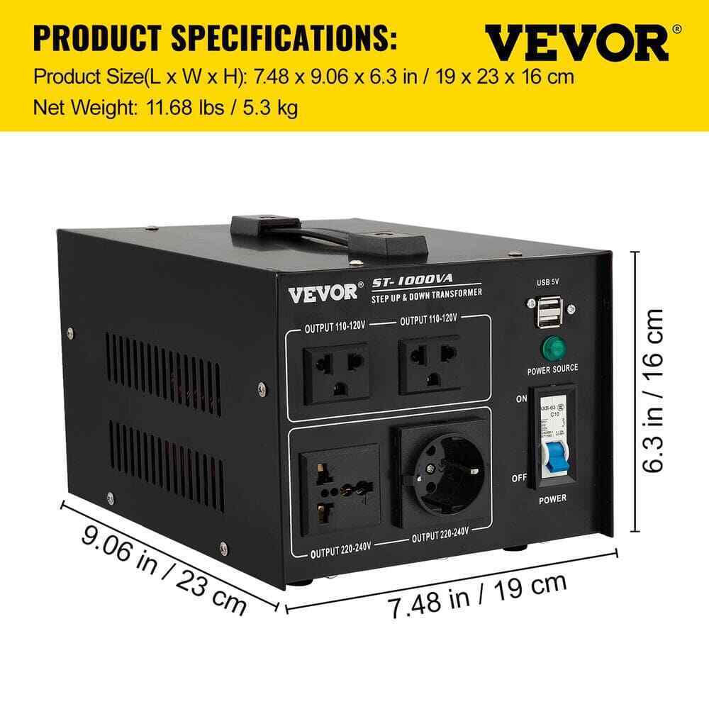 VEVOR Voltage Converter 1000-Watt 110-Volt/240-Volt US/EU Outlet USB Port