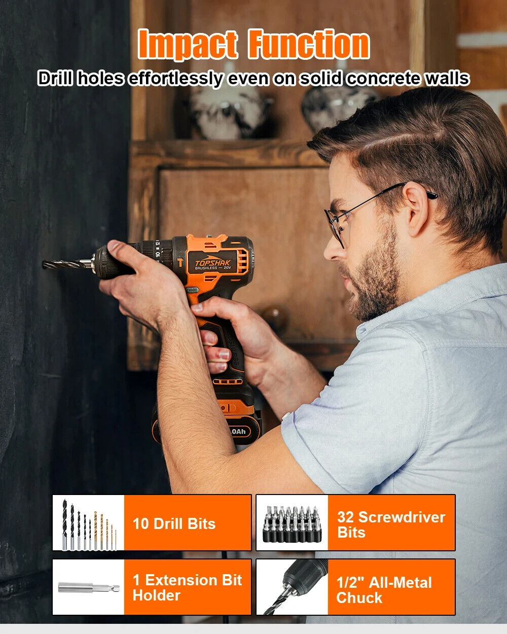 TOPSHAK TS-ED5 20V Li-Ion 1/2 in. Brushless Impact Electric Drill Variable Speed