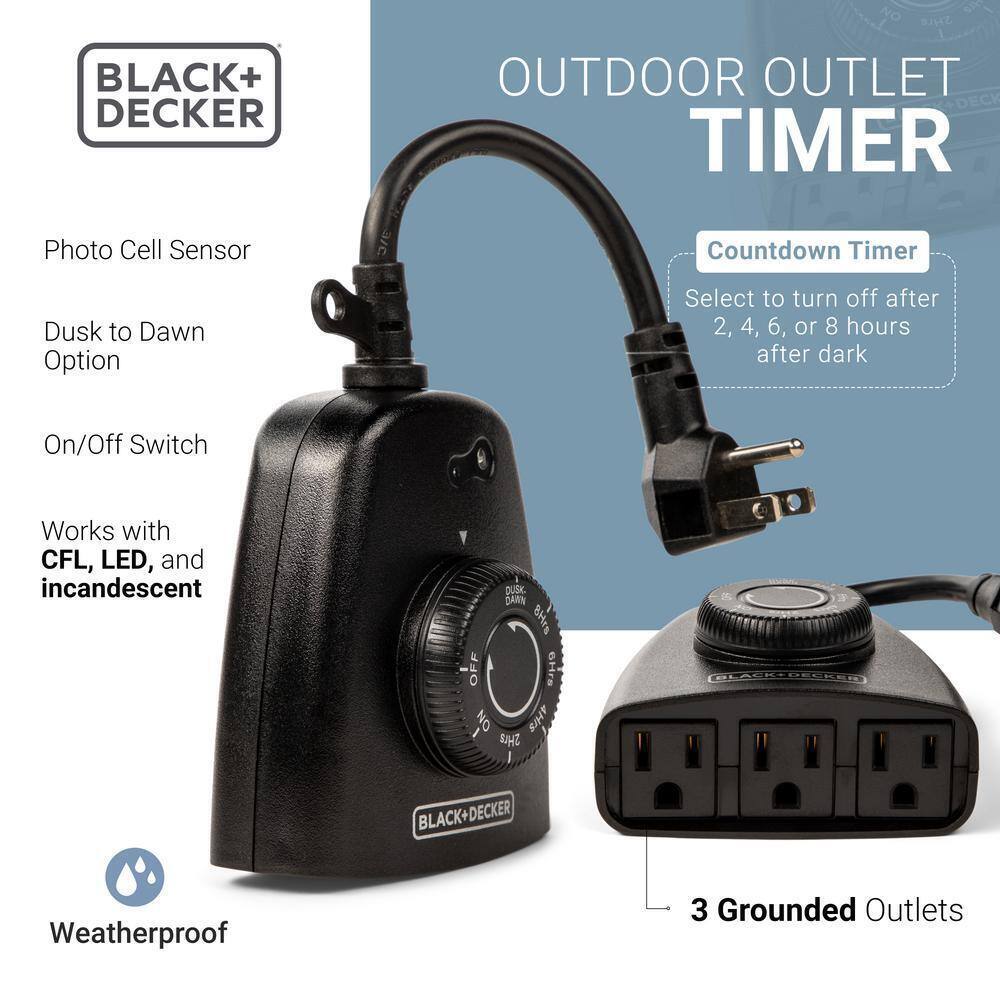 BLACK+DECKER Outdoor 3 Grounded Outlets Timer w/ Waterproof Outlet and Countdown