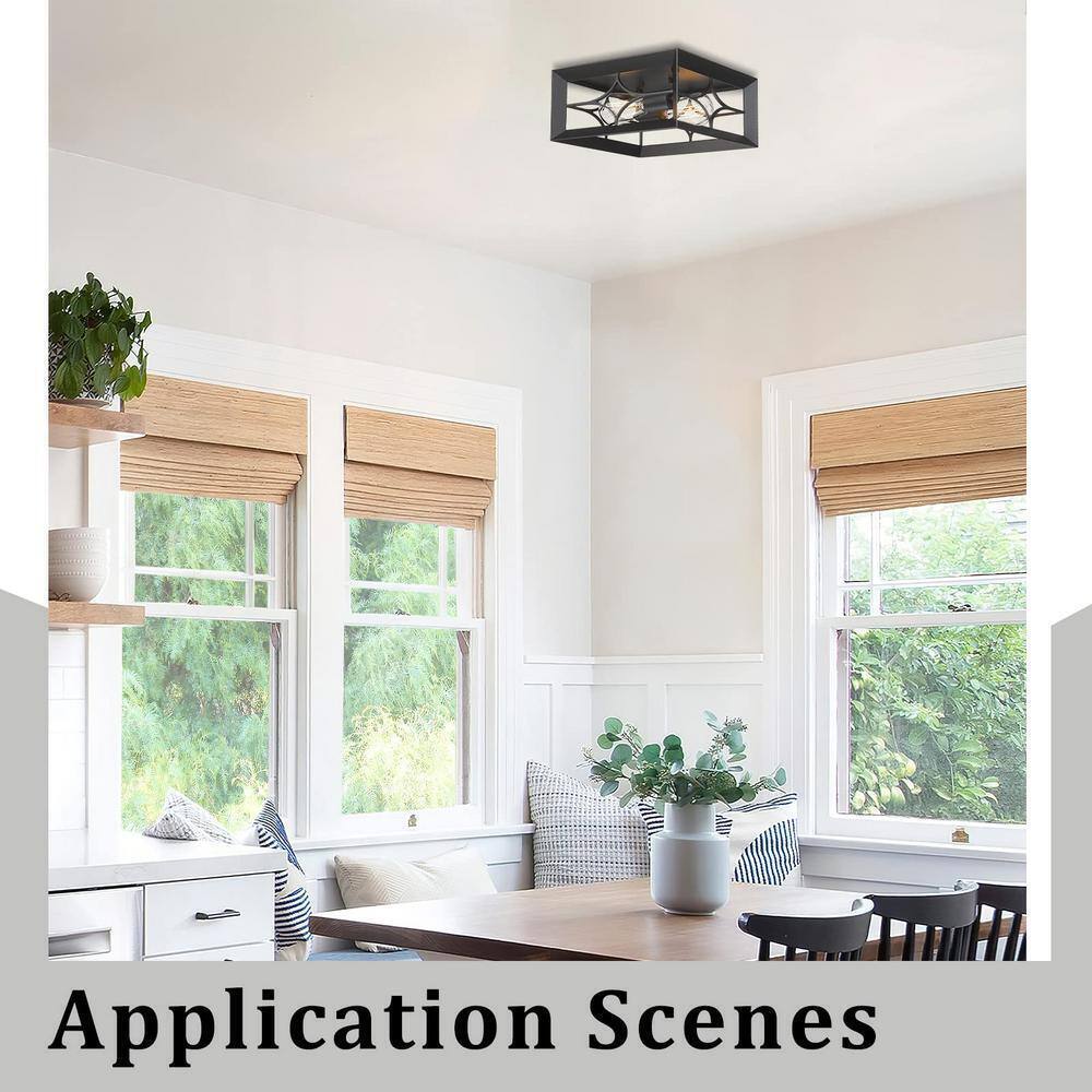 JAZAVA 11.4 in. 2-Light Black Flush Mount Square Ceiling Light
