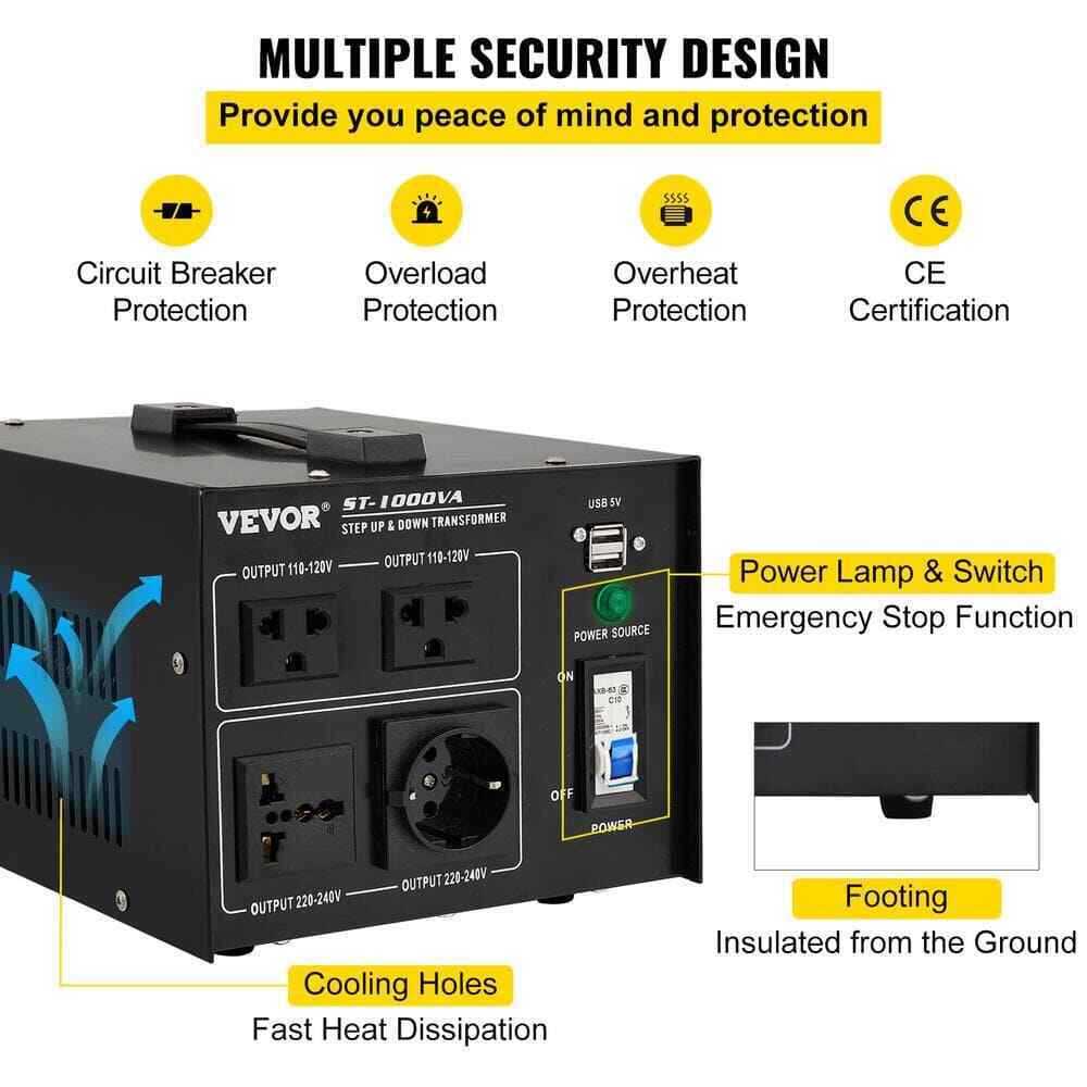 VEVOR Voltage Converter 1000-Watt 110-Volt/240-Volt US/EU Outlet USB Port