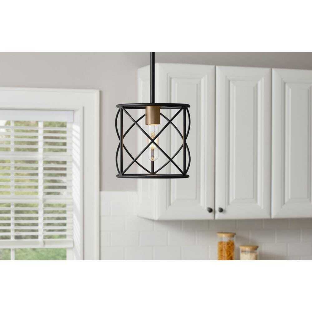 Hampton Bay Hastings Light Matte Black and Old Satin Brass Pendant w/ Cage Shade