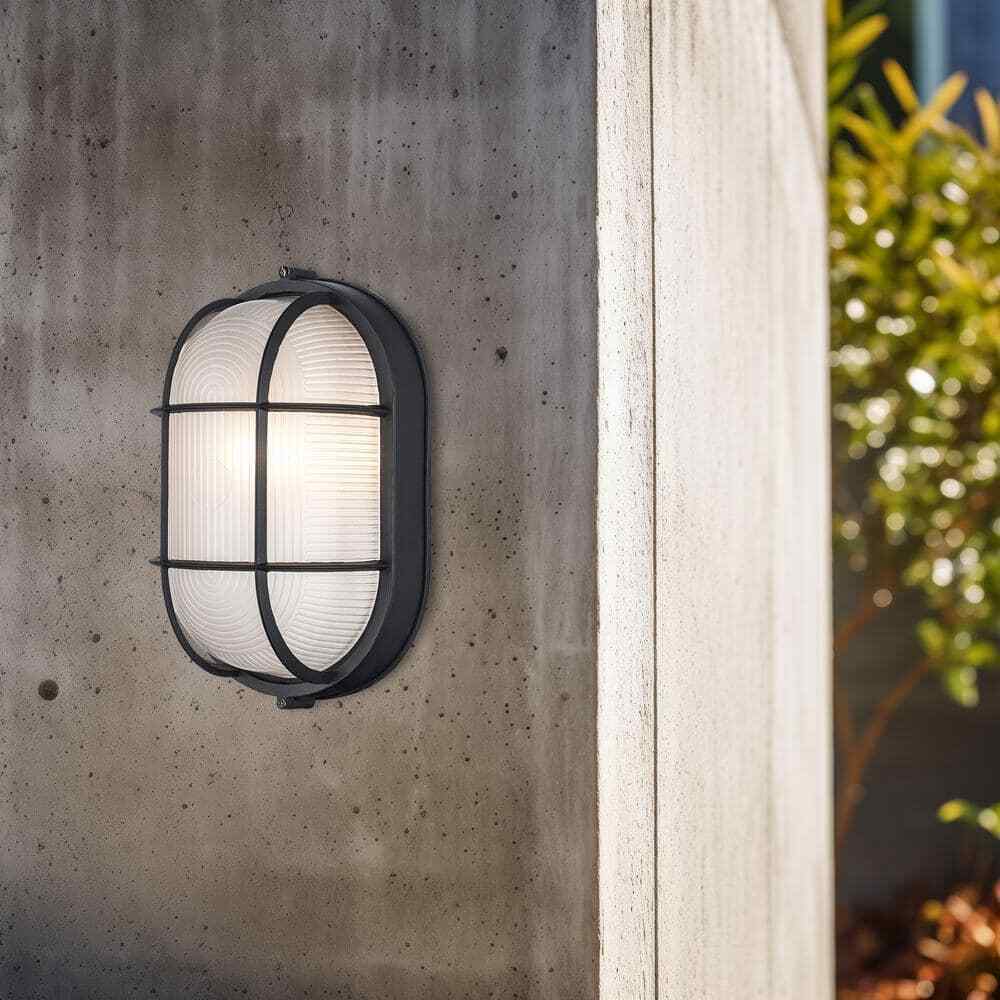Bel Air Lighting Aria Black Oval Outdoor Wall Light Fixture w/ Ribbed Glass