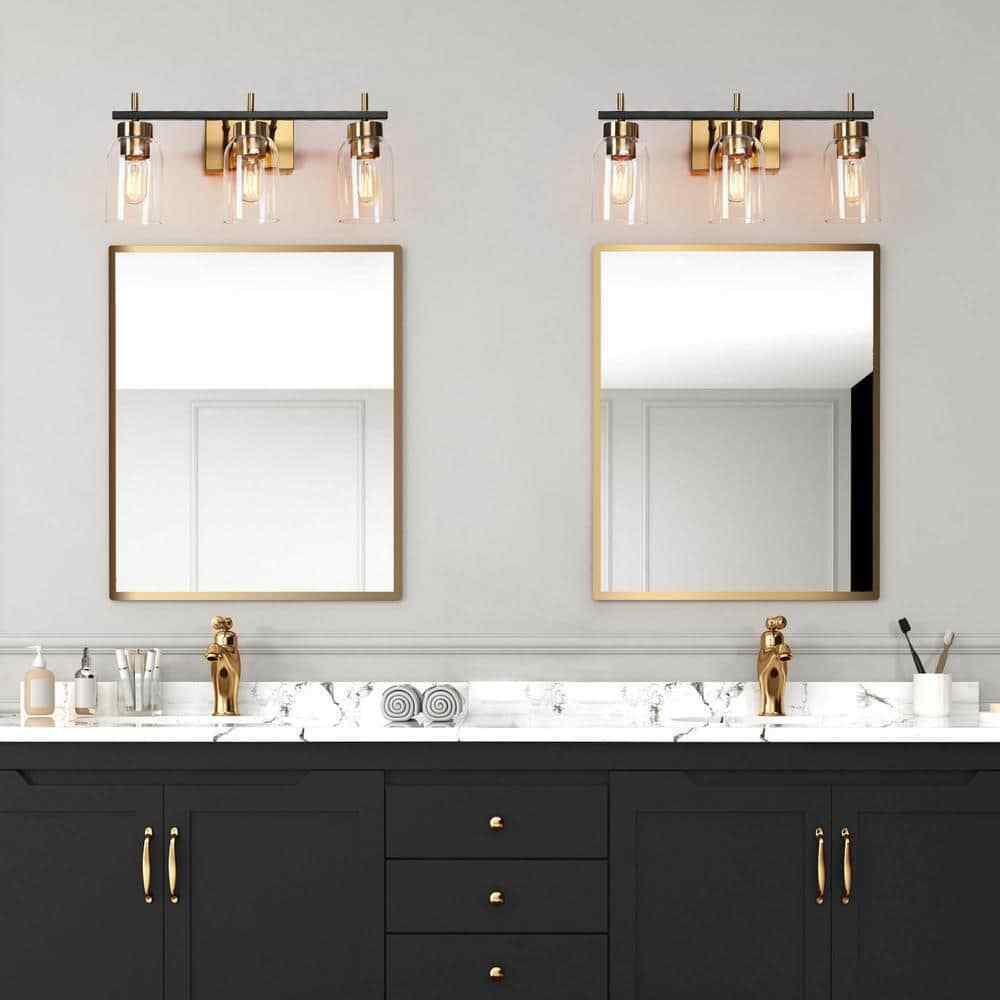 Zevni Modern Brass Gold Bathroom Vanity Light w/ Cylinder Clear Glass Shades