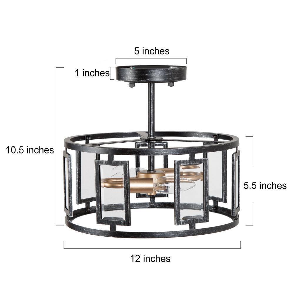Uolfin Brushed Black 12 in. 2-Light Rustic Cage Semi-Flush Mount Ceiling Light