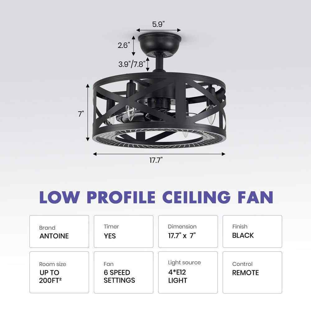 ANTOINE 17 in. Black Ceiling Fan Farmhouse Caged Ceiling Fan w/ Lights + Remote