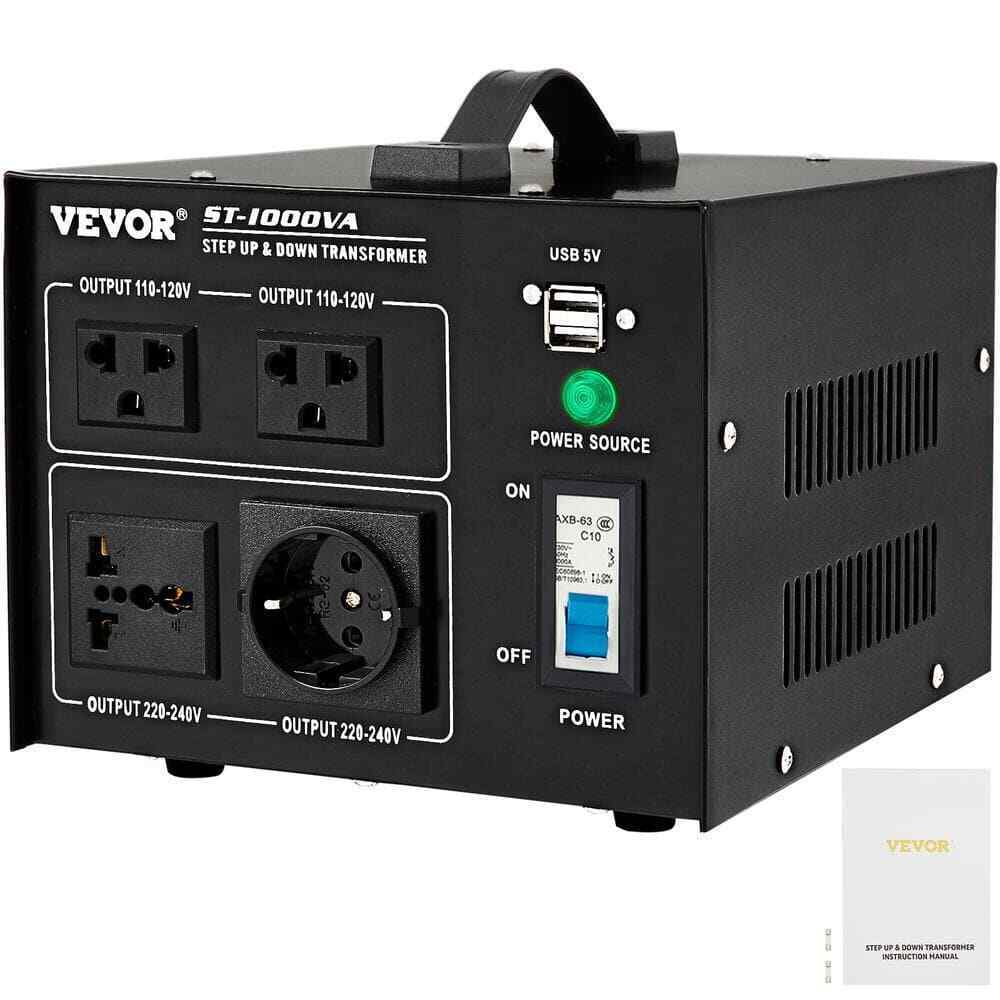VEVOR Voltage Converter 1000-Watt 110-Volt/240-Volt US/EU Outlet USB Port