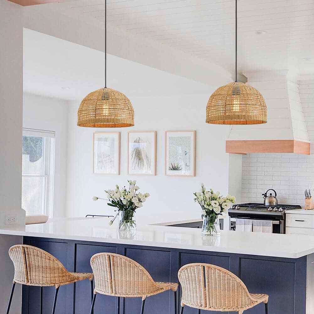 TRUE FINE Bungalo 1-Light Black/Wheat Bohemian Island Pendant w/ Rattan Shade
