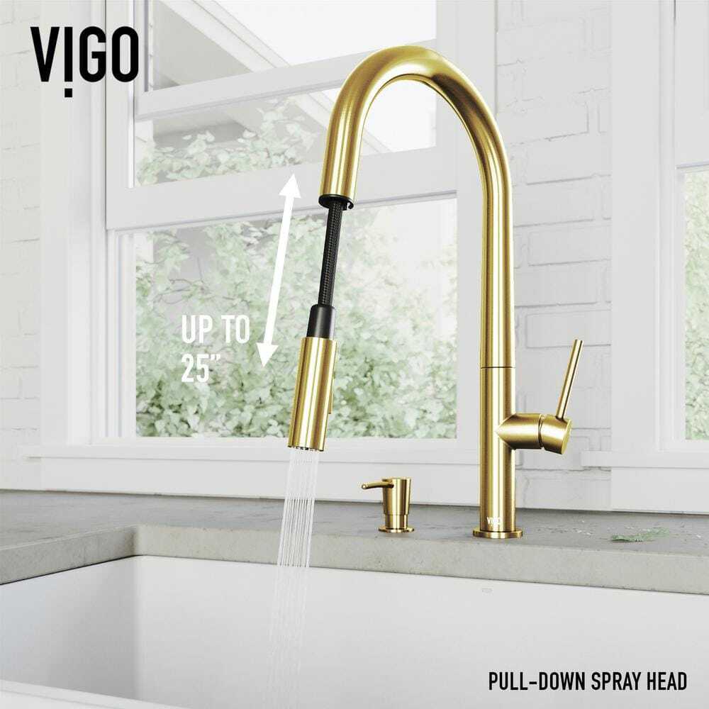 VIGO Greenwich Pull-Down Sprayer Kitchen Faucet w/ Soap Dispenser Brushed Gold