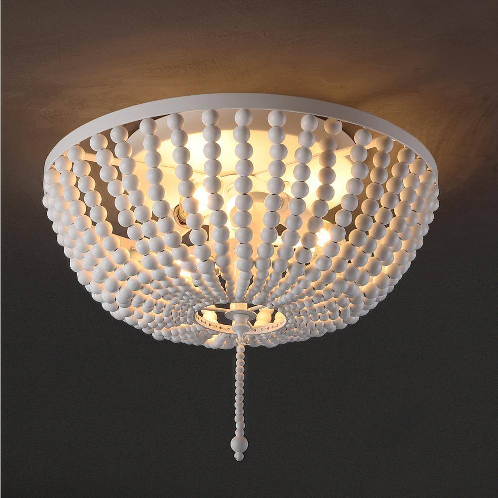 JONATHAN Y Allison 15 in. White Wood Beaded/Metal LED Flush Mount JYL9019D
